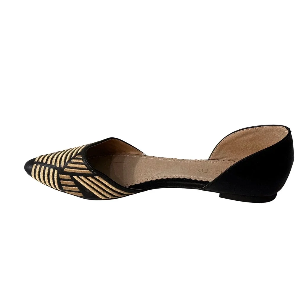Restricted Womens Black Gold Geometric Embroidered Pointed Toe dOrsay Flats Sz 8